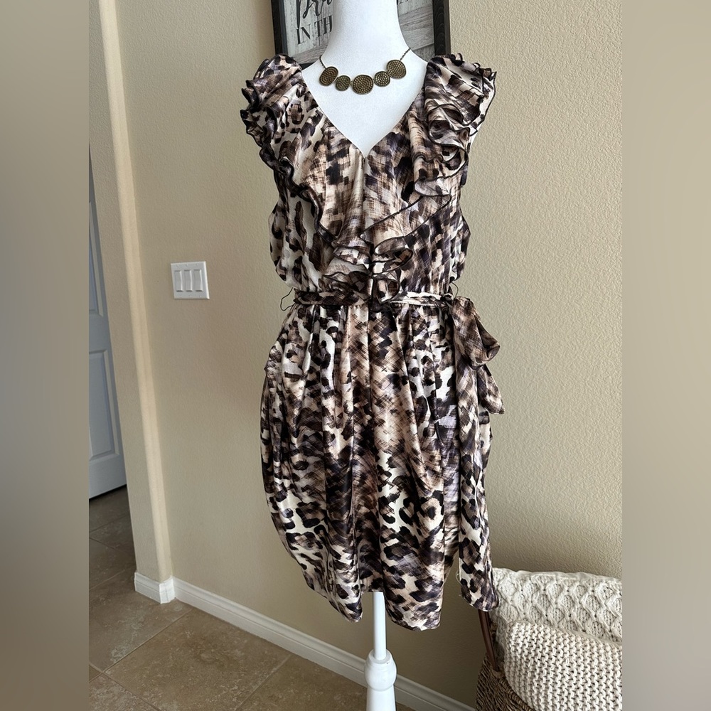 H&M Women’s Brown Tone Dress with Handerchief Hem, Ruffle V-Neck, Belted - Sz 10